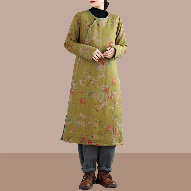 冬季时尚款复古洋气中式国绿双喜棉麻印花斜襟夹棉长旗袍长连衣裙