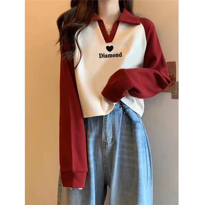 2025新年秋冬新款插肩polo领长袖上衣女款酒红色时尚短款卫衣宽松