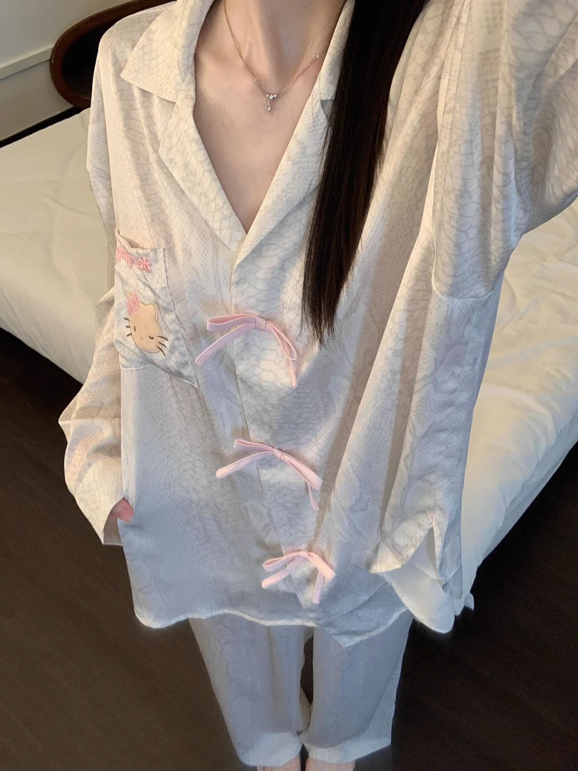 甜美少女可爱Kitty印花冰丝长袖睡衣女春秋款新款家居服大码套装