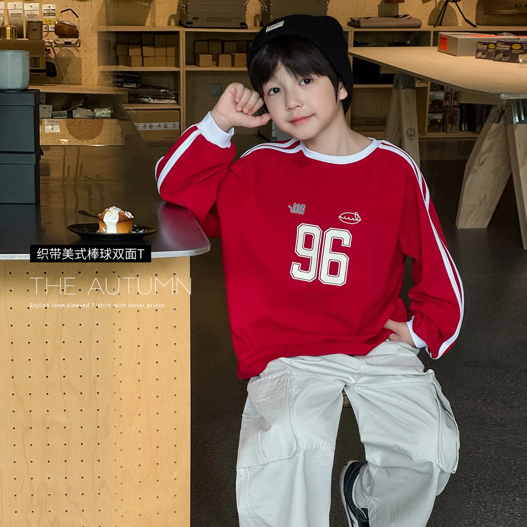 棉小班童装秋款美式字母印花中小童打底衫织带圆领儿童T恤AQ5057