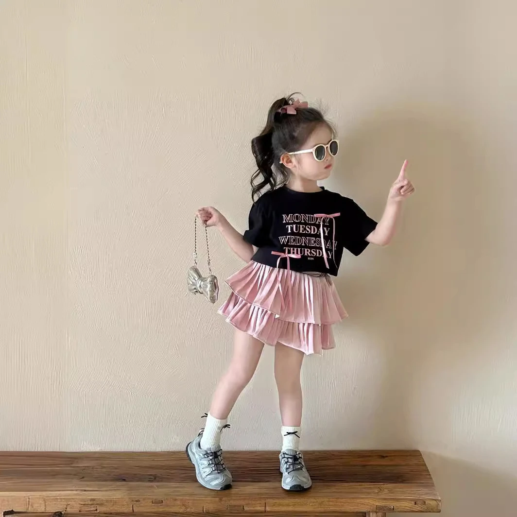 韩版童装夏季女童两件套恤短袖缎面半身裙套装百褶裙