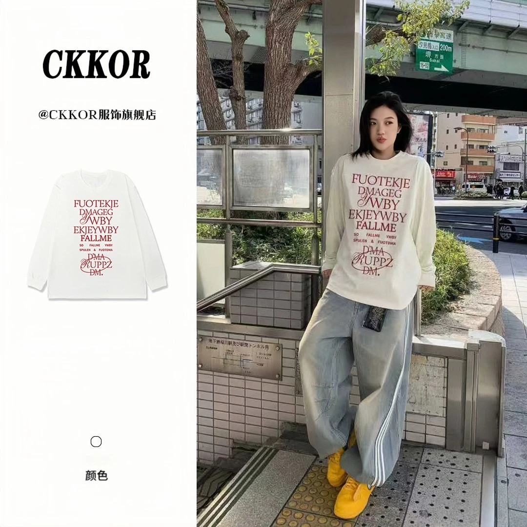 CKKOR秋冬季新款女装纯棉t恤长袖宽松休闲百搭圆领个性印花上衣女