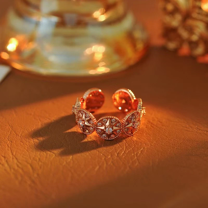 铜合金戒指 e106---欧美轻奢微镶八芒星小众设计开口戒