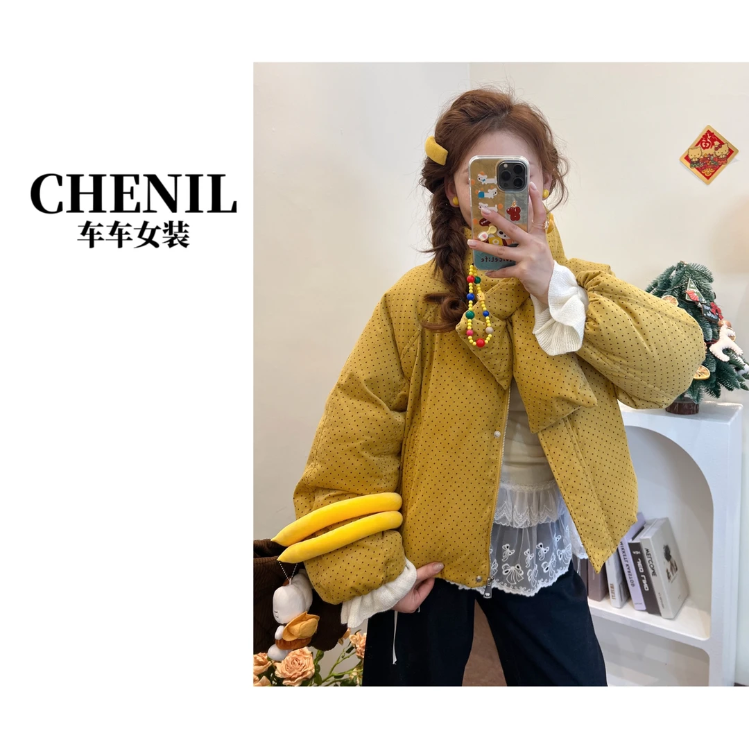 CHECHE【奶黄包】超甜韩系圆点棉服外套新款宽松自带围巾