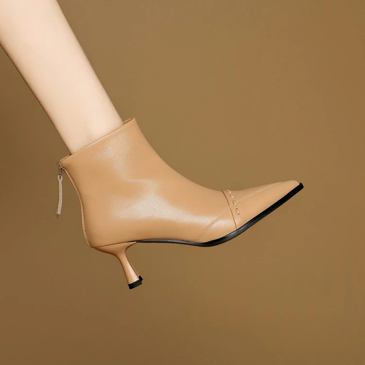 羊皮~6cm成都手工女靴杏色尖头细跟短靴女真皮后拉链瘦瘦靴时装靴