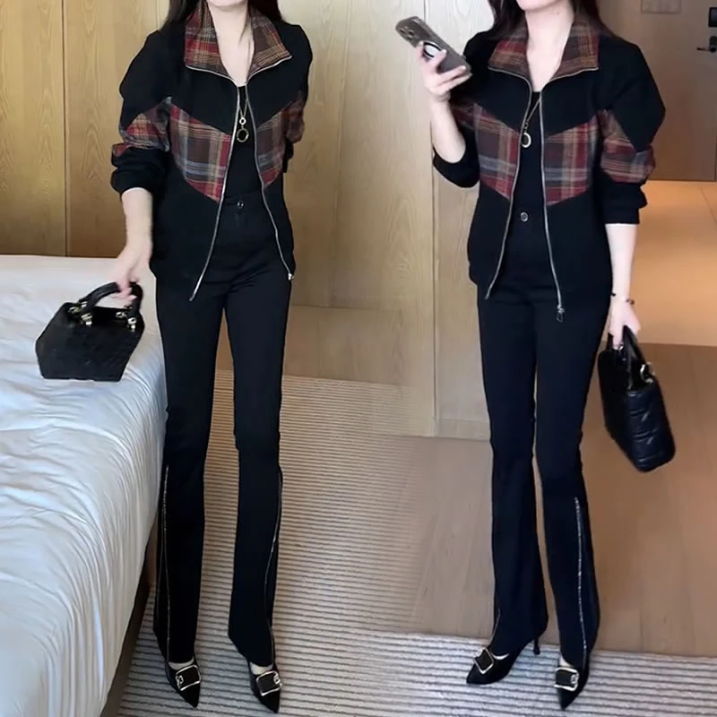 【有运费险】2025秋季新款休闲时尚百搭洋气减龄格子拼接外套女长袖