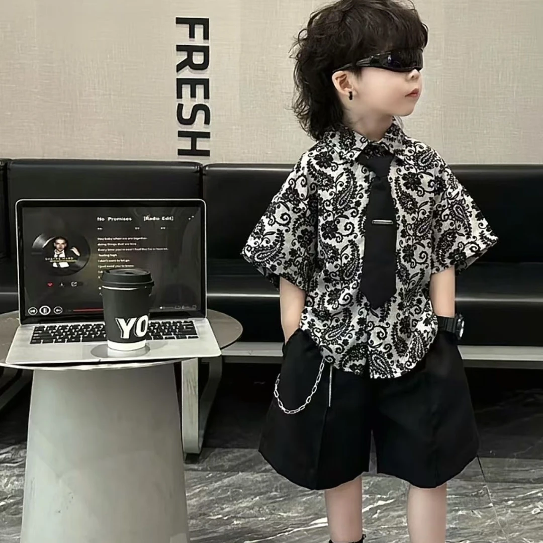 2025男童套装短袖夏装新款儿童洋气花领带衬衫夏季宝宝两件套帅气