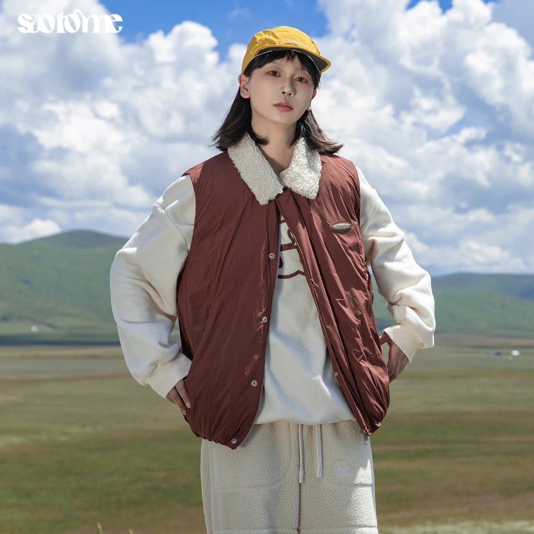 早乙女惠子saotome 复古百搭拼色仿羊羔毛保暖防风翻领棉马甲4346