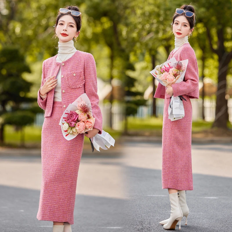 时尚小香风套装女2026秋冬季新半身裙两件套少女椰子包臀裙包臀裤