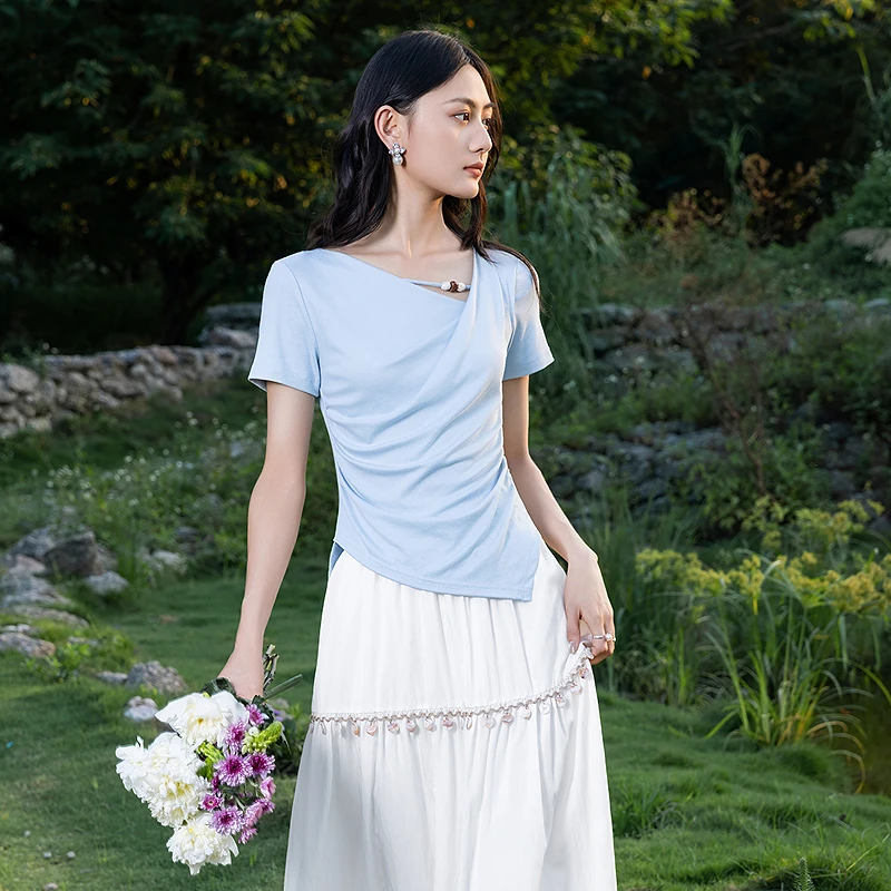 爱客夏季新款不规则简约通勤短袖T恤YA25214T001