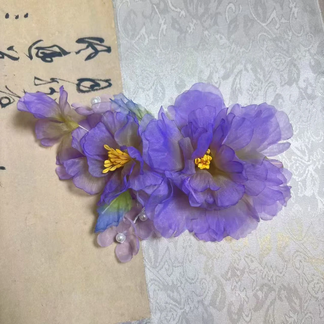 云鬓花古风饰品古装发饰仙气飘飘烫花发夹 紫色牡丹 汉服发冠B274