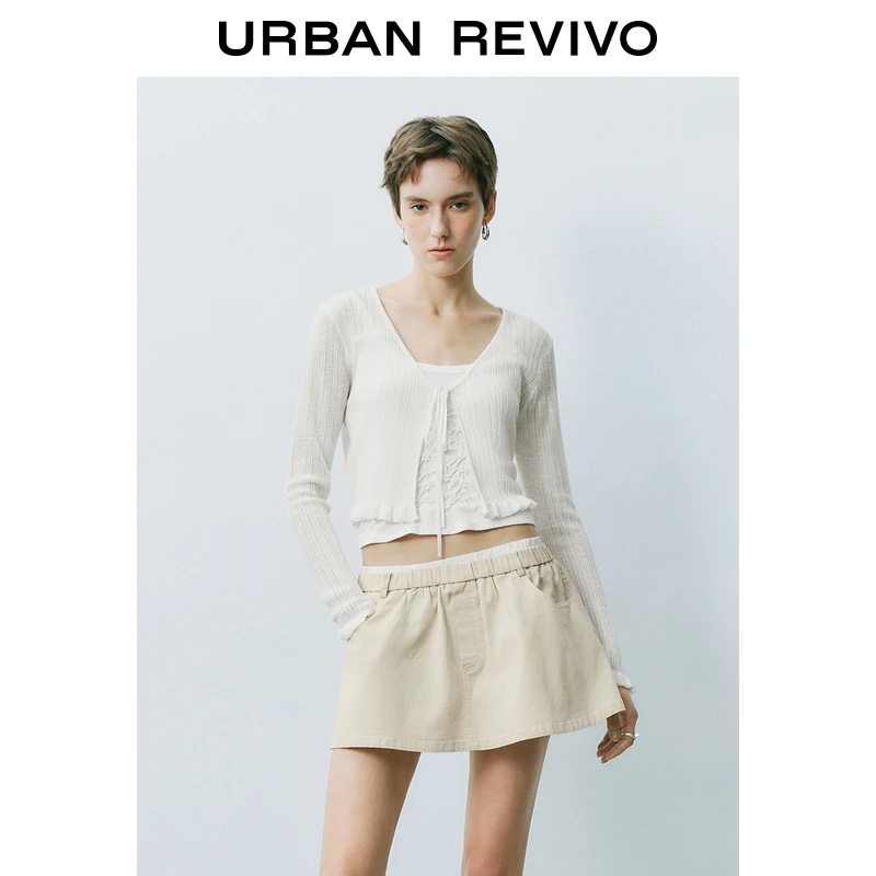 UR2025春季新款女装欧若风休闲V领系带超短款针织开衫UYY950022
