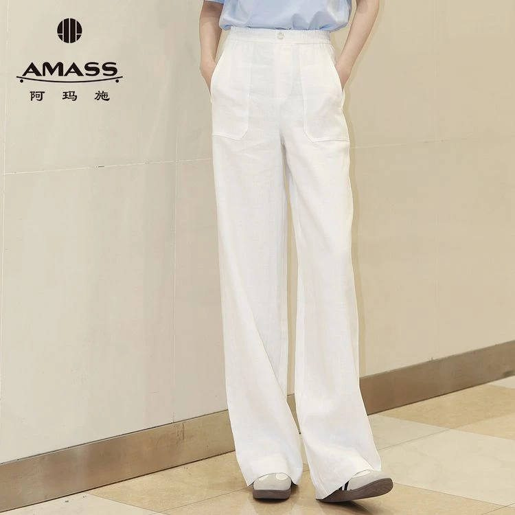 AMASS/阿玛施春夏新款时尚简约亚麻百搭显瘦直筒休闲长裤女510052