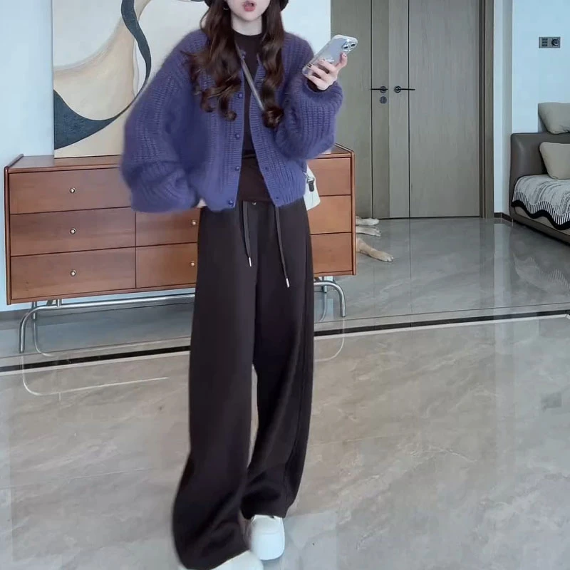 SHALLDOER高智淡人套装秋冬显瘦针织开衫+裤子复古加厚松弛感秋季