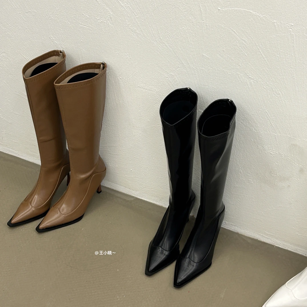 2025秋冬新款欧美风尖头骑士长筒靴细跟高筒显瘦后拉链高跟瘦瘦靴