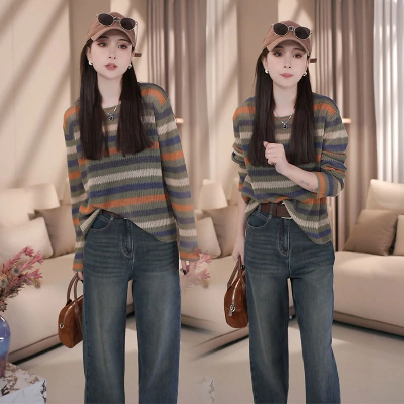 高档时尚百搭条纹长袖针织衫女2025春秋新款圆领宽松显瘦外穿上衣