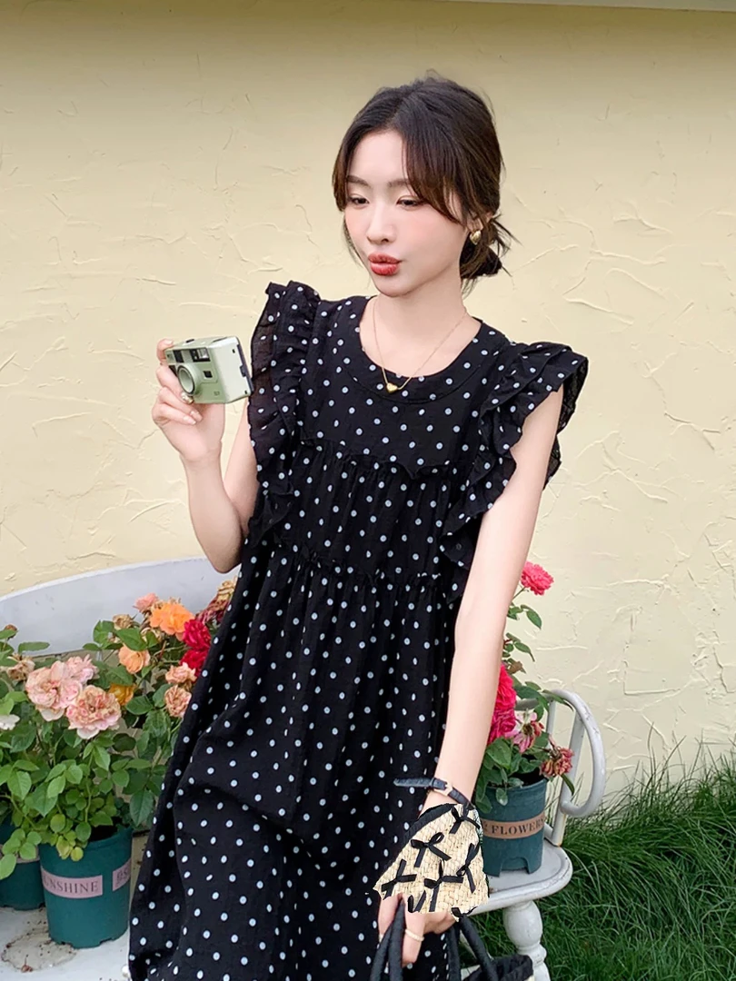 夏季碎花A字裙波点显瘦夏装方领气质连衣裙法式中裙时尚