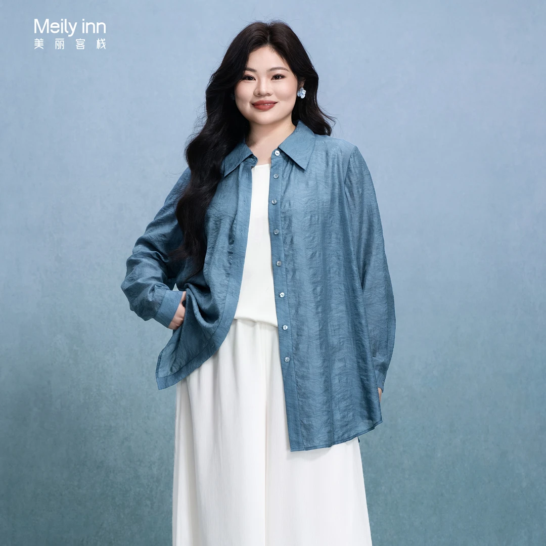 美丽客栈原创高端大码女装加肥加大胖mm苹果型梨型蓝休闲宽松衬衫