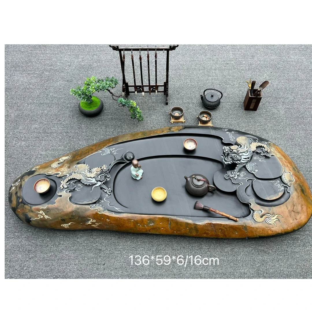 歙砚石茶盘双龙戏珠天然原石手工雕刻排水式茶海