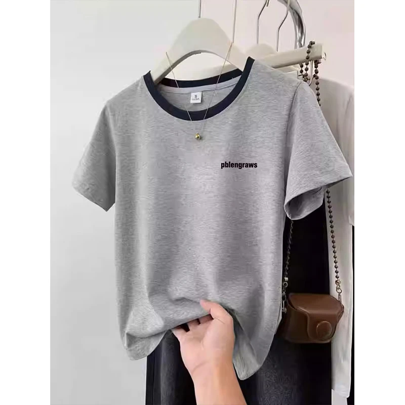2025新款插色正肩短袖t恤女灰色时尚洋气百搭优质棉上衣夏季潮款