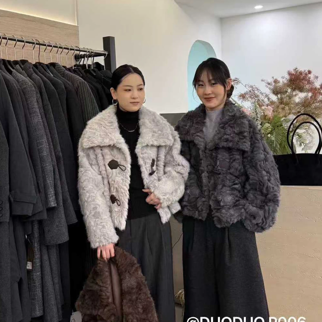 【DAMAI】慵懒风牛角扣皮毛一体短款外套