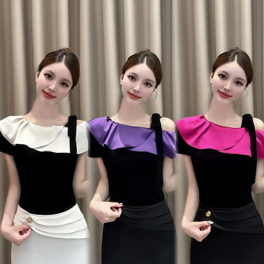 【奔赴入夏】夏季新款斜肩短袖T恤气质优雅百搭荷叶边拼接露肩时髦