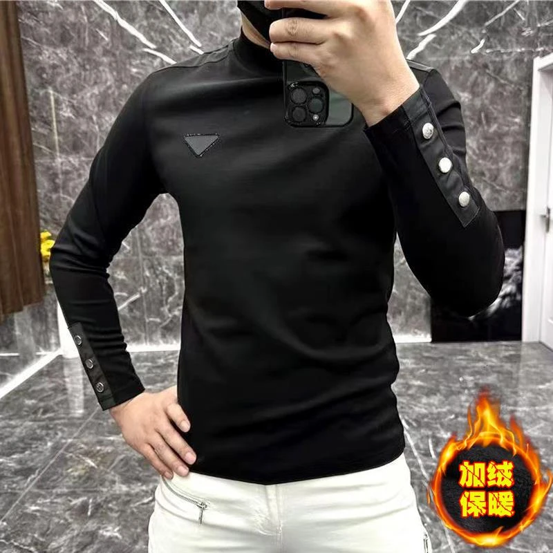 男士冬季加绒加厚欧货卫衣潮牌时尚痞帅拼接内搭保暖半高领打底衫