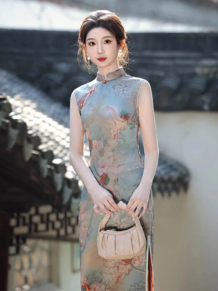 风华《荷花》江南花色提花薄款无袖长旗袍立领旗袍中长款时尚轻熟风