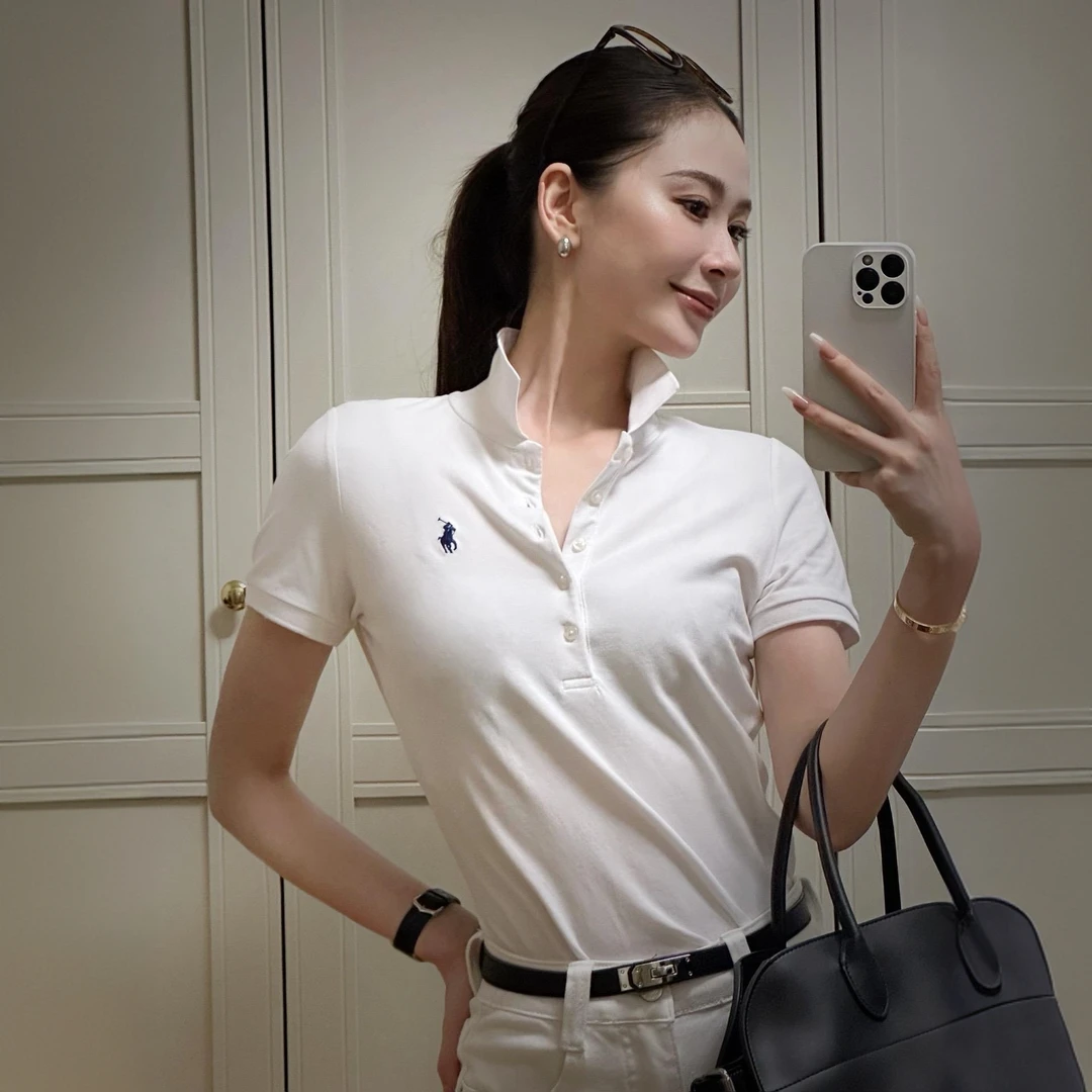 白色刺绣polo衫翻领短袖t恤女夏季气质修身显瘦百搭正肩短款上衣