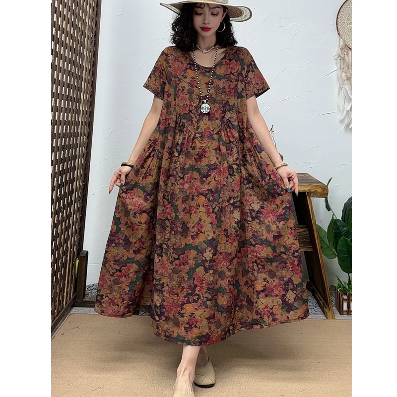 HX紫陌红尘--短袖连衣裙减龄时尚大码宽松亲肤透气夏季气质女装