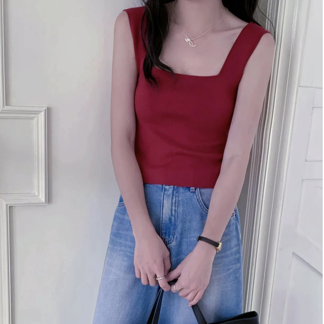 3363 祺欣家 法式方领短款气质简约高级感修身显瘦针织吊带背心