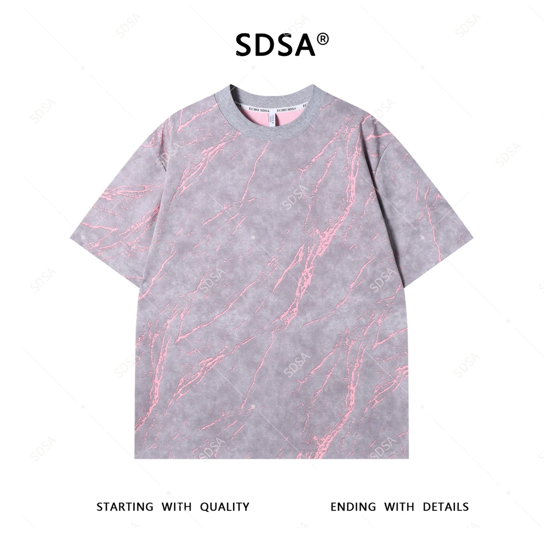 SDSA夏季新款男士痞帅简约休闲撞色割破小众设计圆领短袖T恤百搭