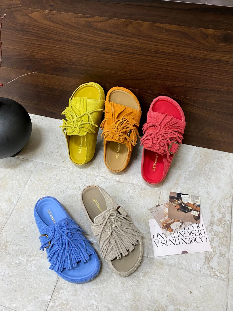 VEEFSHOW 7188-2 圆头流苏平底时尚休闲夏季新款一字拖松糕底厚款