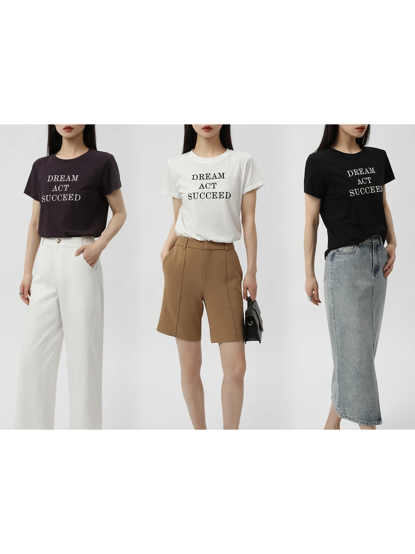 玛氏嘉敏 夏日 棉麻休闲字母印花短袖T恤 3色入 652041