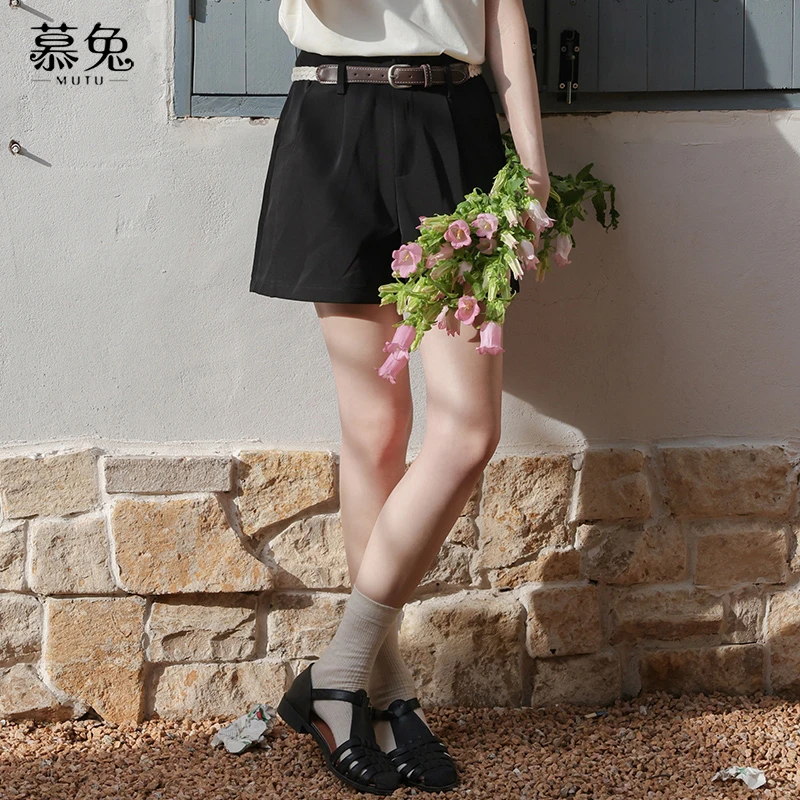 【小铃铛】TU26956小个子直筒休闲短裤女黑色高腰显瘦宽松五分裤子