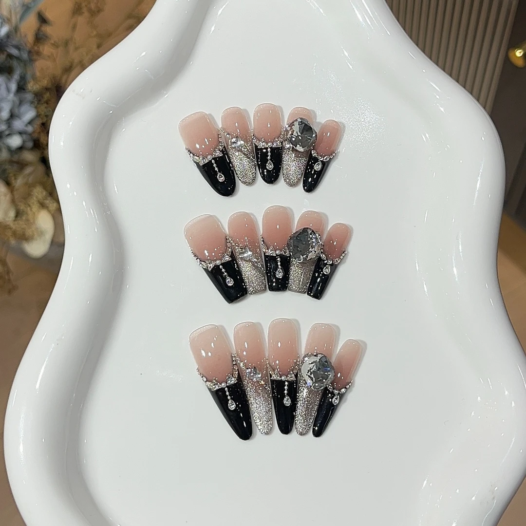 【冥月黑影】穿戴甲精致爆闪渐变暗夜绿猫眼精品K9钻轻奢穿戴甲