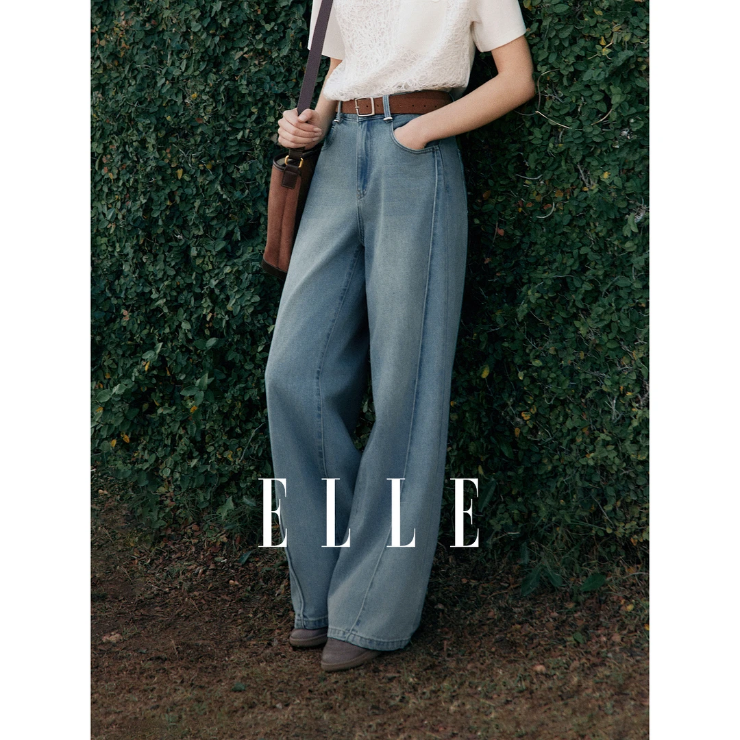 ELLE复古通勤牛仔裤女2025夏季直筒裤EQ51021