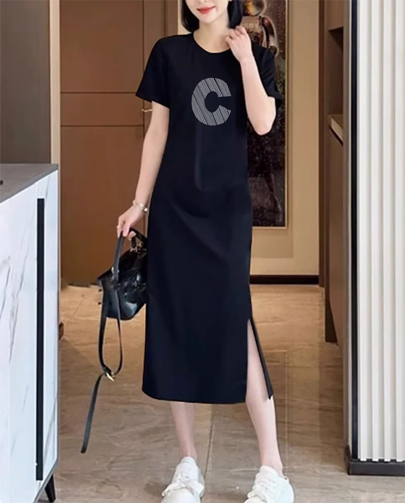 连衣裙女夏季短袖气质收腰长裙灰色休闲裙开叉包臀t恤裙遮肉显瘦