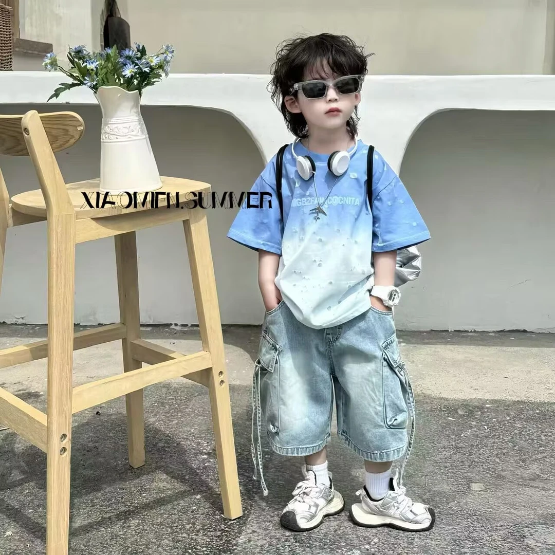 XIAOMIFN〃2025夏季款韩版吊染T恤男童时尚洋气短袖童装百搭162511