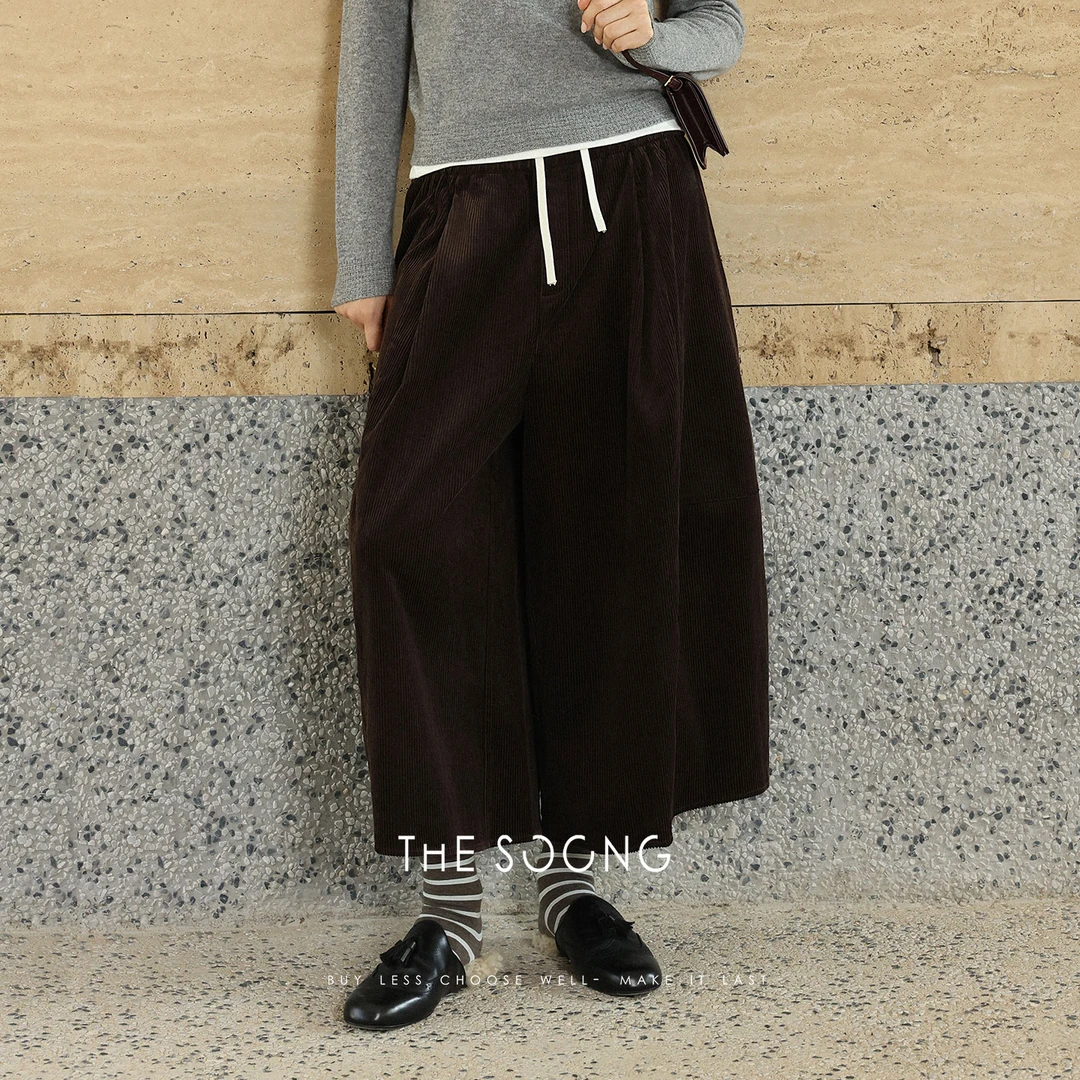 THESOONG|100%棉灯芯绒裤子女复古松紧腰大版型8分裤宽松早秋7798