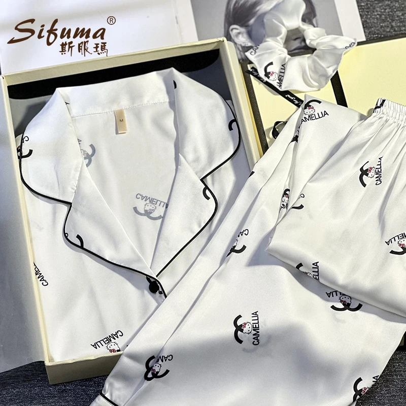 Sifuma/斯服玛《猫咪小香风》睡衣女春秋丝质长袖发带三件套家居服