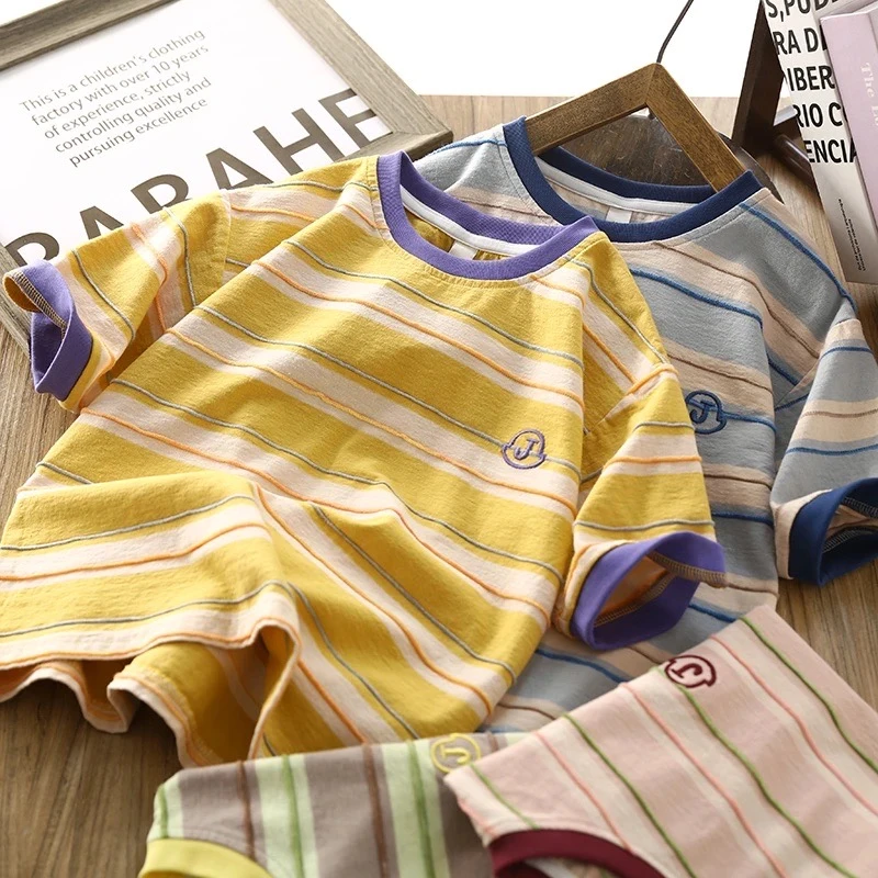 【亲子款】夏季男女童百搭韩系条纹短袖T恤韩版慵懒百搭ins