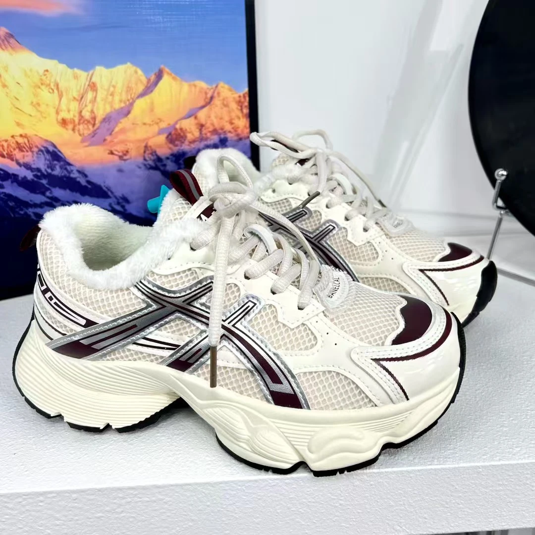 1682 米酒红加绒厚底老爹鞋女新款时尚休闲鞋复古学生百搭运动鞋