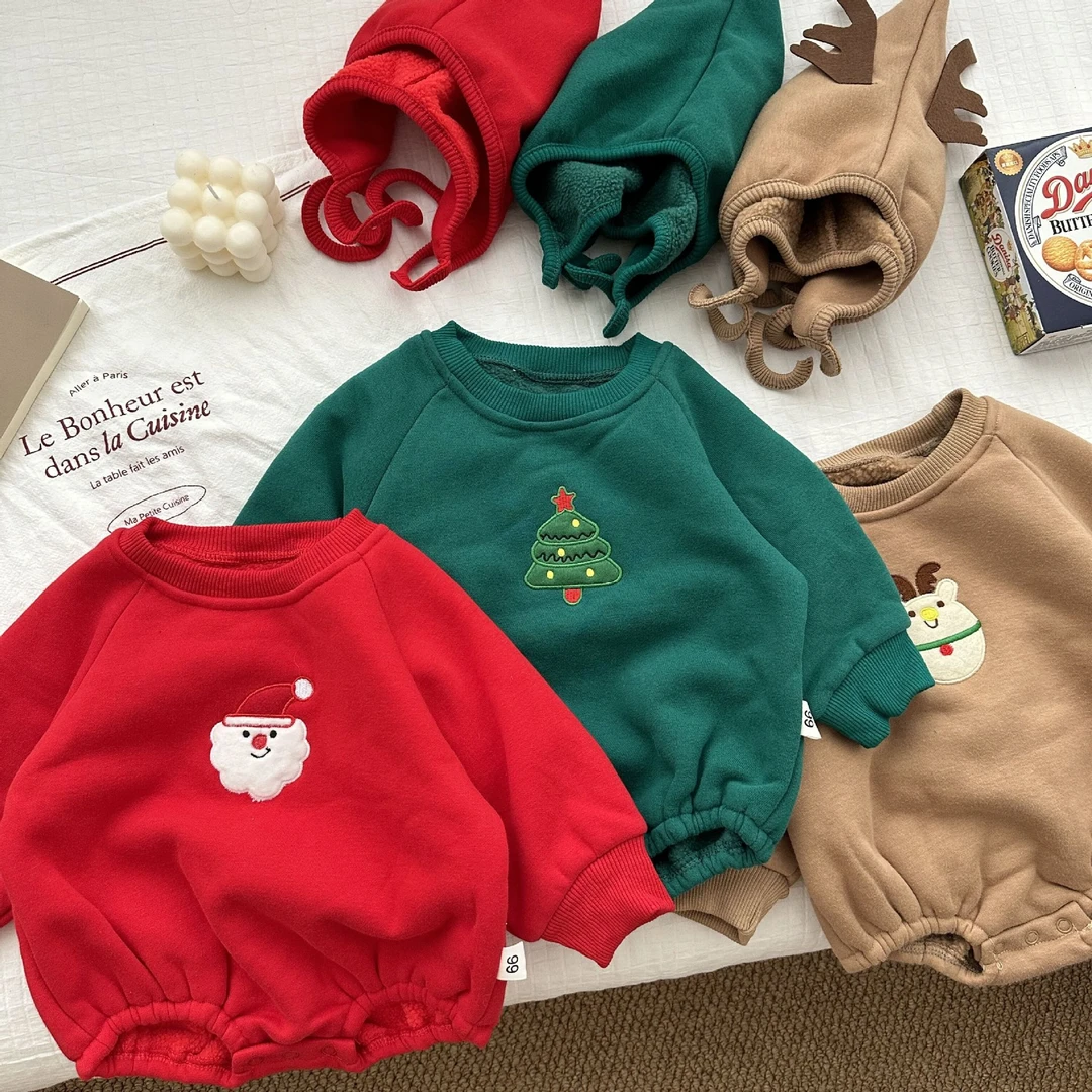 韩版秋冬装婴儿衣服卡通圣诞服新生儿加绒保暖新年哈衣宝宝连体衣
