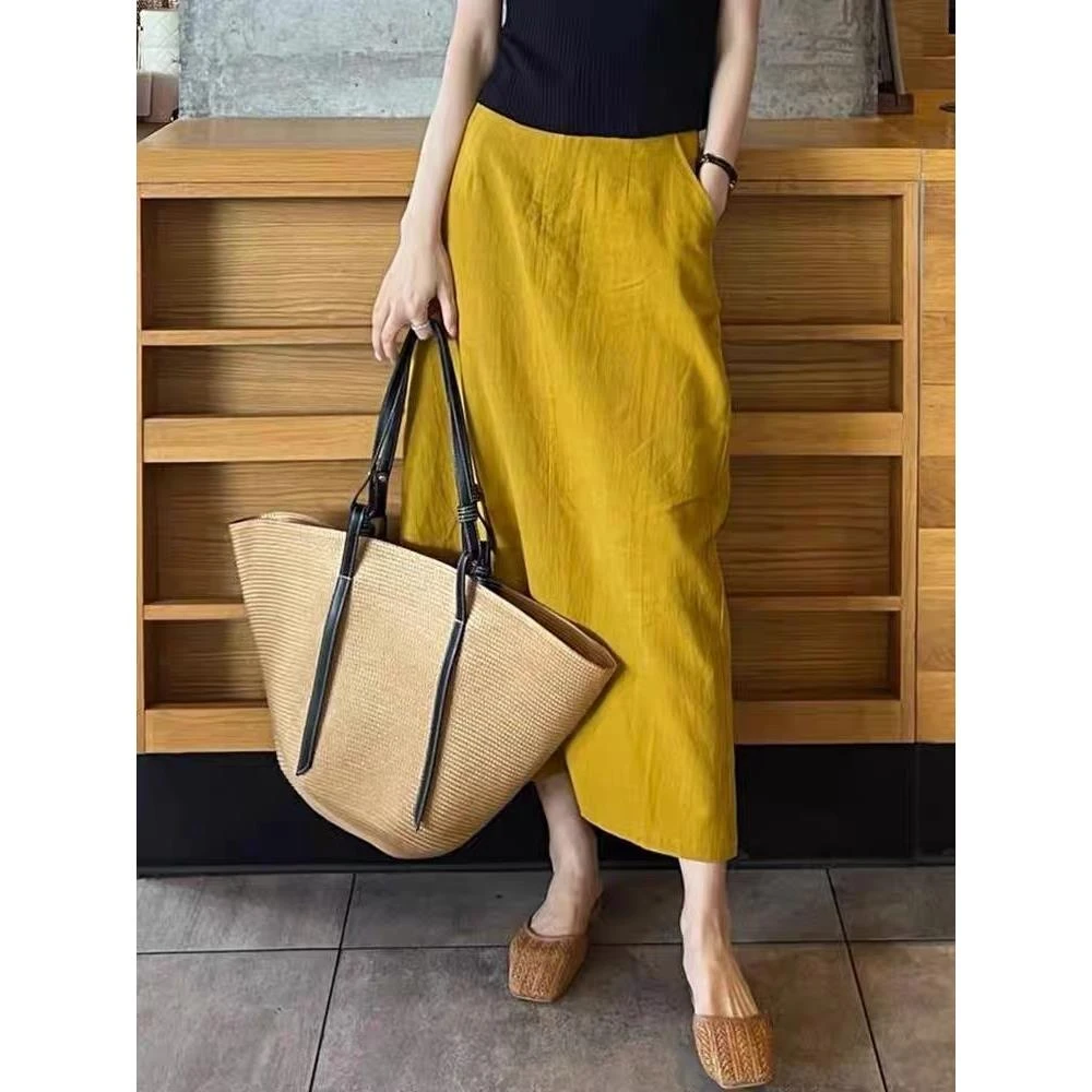 牛X货 巨炸裂！黄色半身裙女松紧腰开叉直筒透气中长款A字裙