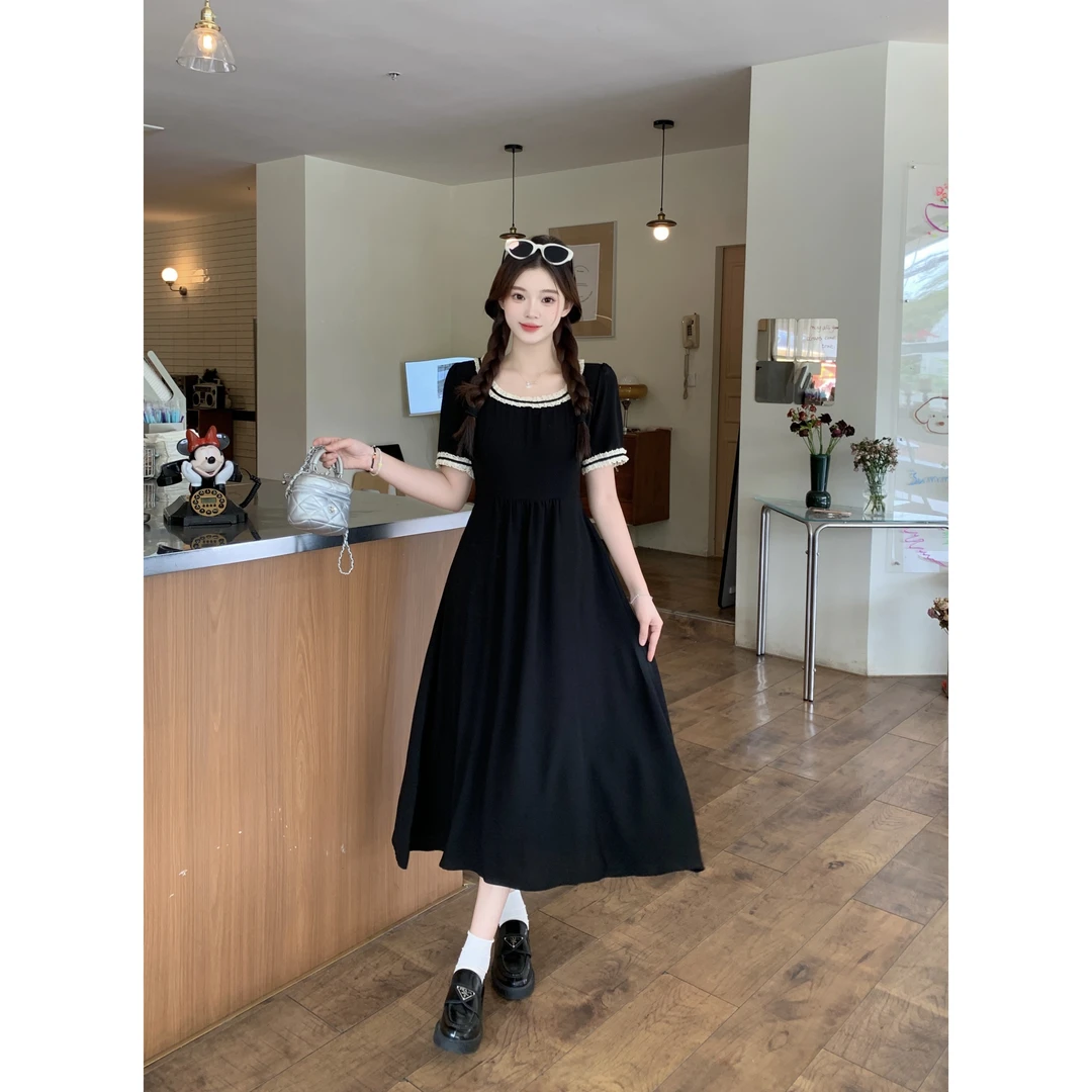 大码女装2025夏季法式黑色长裙胖mm显瘦气质蕾丝花边连衣裙64229
