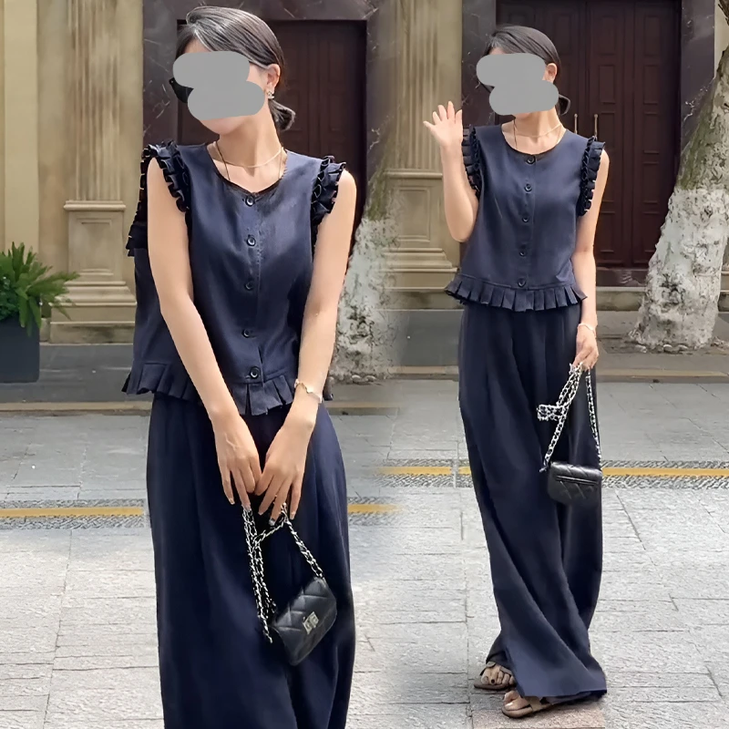 欧洲站2025夏木耳边无袖马甲背心阔腿休闲裤两件套女气质时尚套装