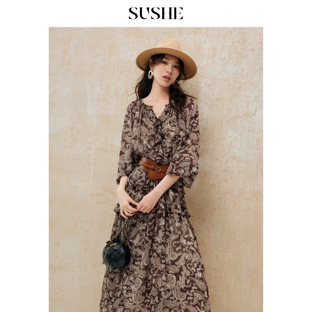 束皙【双11好物】新波西米亚风 烫银腰果印花水滴镂空领H型连衣裙