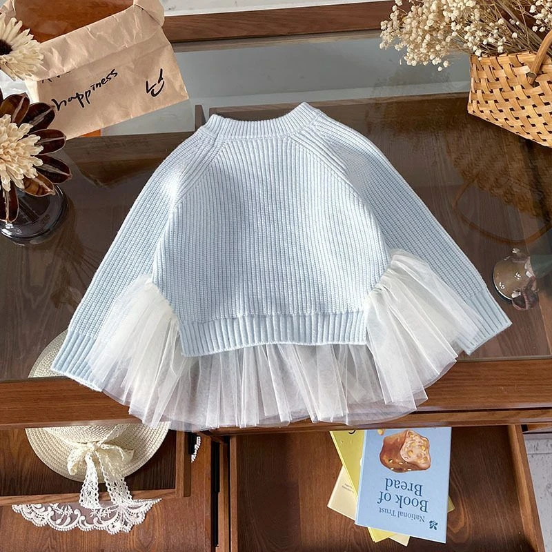 毛衣2025秋季新款洋气网纱拼接毛衣甜美2025女童外套秋季外穿女童