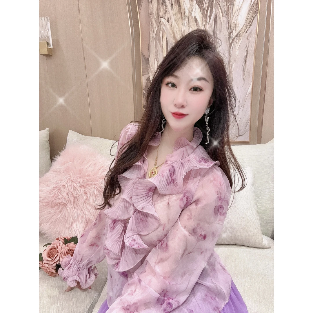 法式荷叶边碎花长袖雪纺衬衫女秋装2025年秋季新款设计感小众上衣